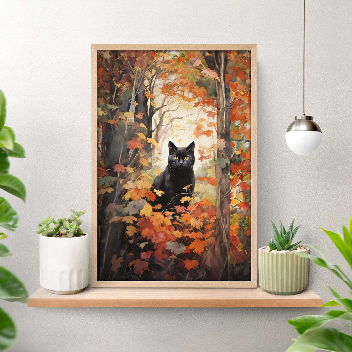 Autumn Black Cat Watercolor Art Print, Forestcore