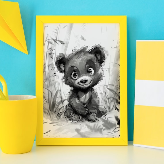 Baby Black Bear Cub Pencil Sketch Cute Nursery Wildlife Wall Art