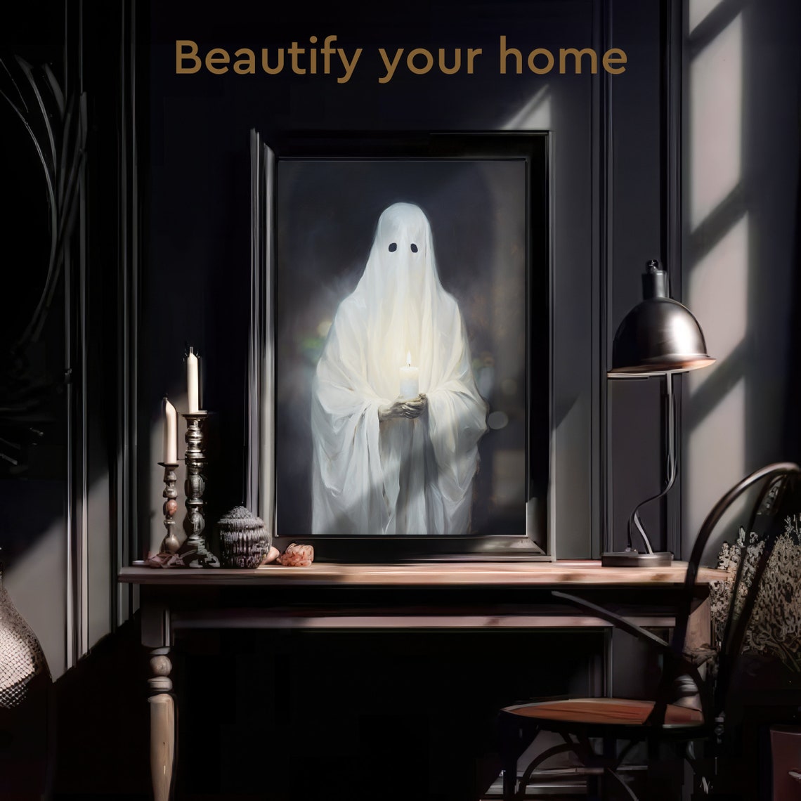 Spooky Ghost Holding Candle Dark Gothic Victorian Halloween Art Poster - Image 3