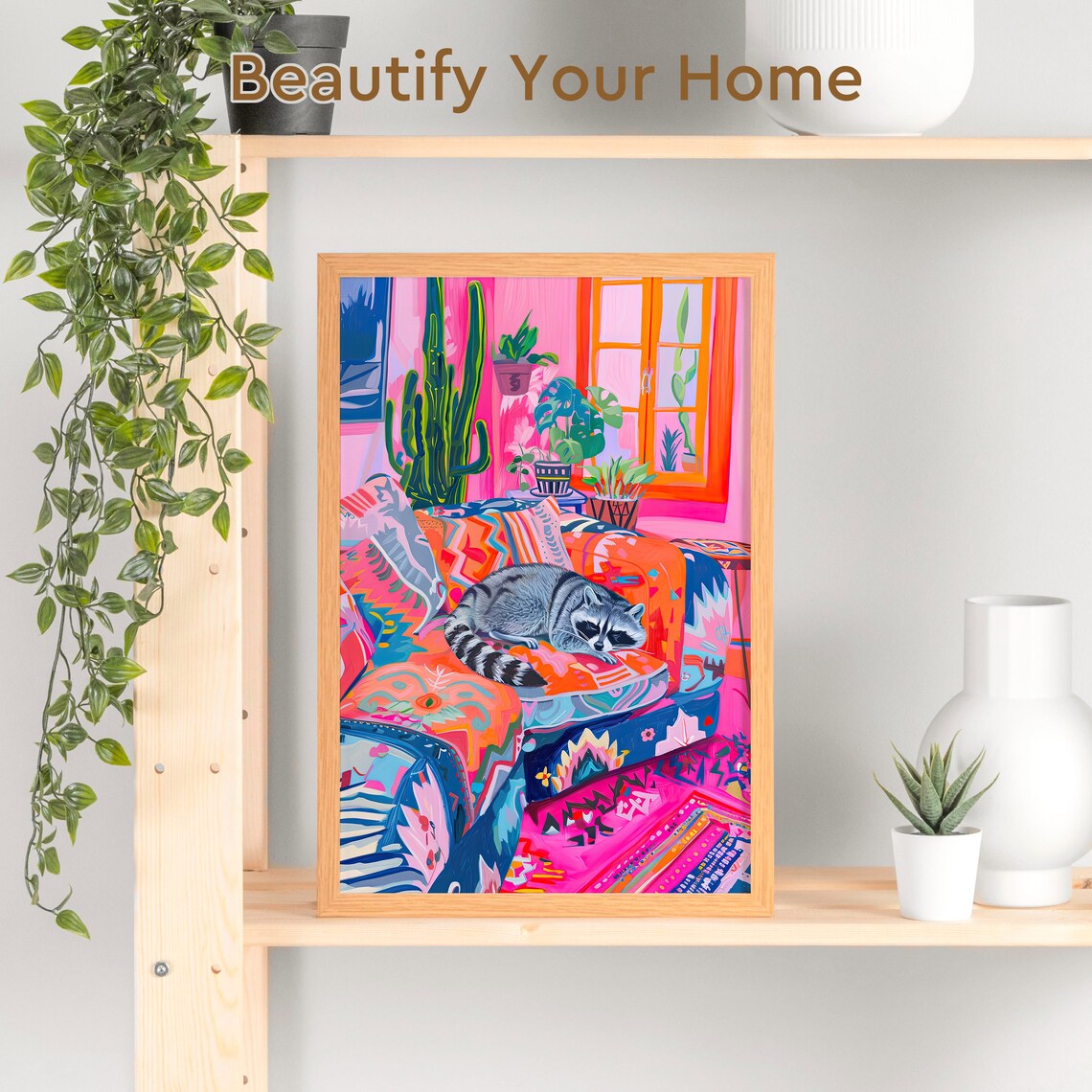 Sleepy Raccoon on Colorful Sofa Fauvist Style Funny Pet Wall Art - Image 3