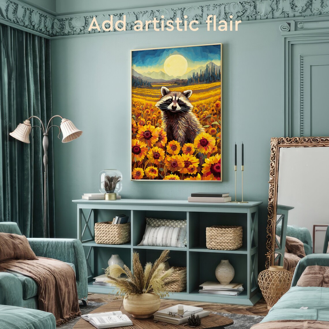 Sunflower Field Raccoon Retro Flower Art Print - Image 2