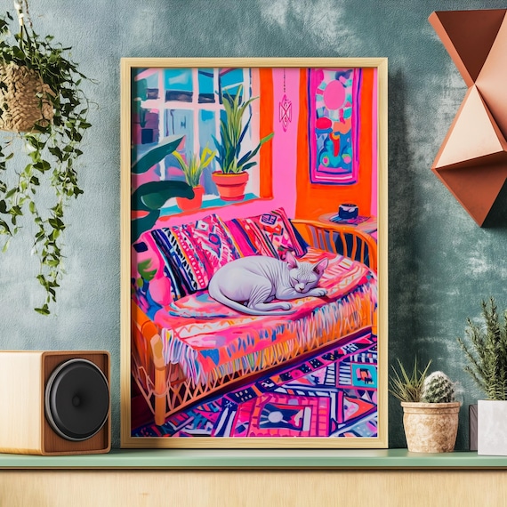 White Sphynx Cat Sleeping Curled on a Brightly Patterned Bohemian Sofa Wall Art