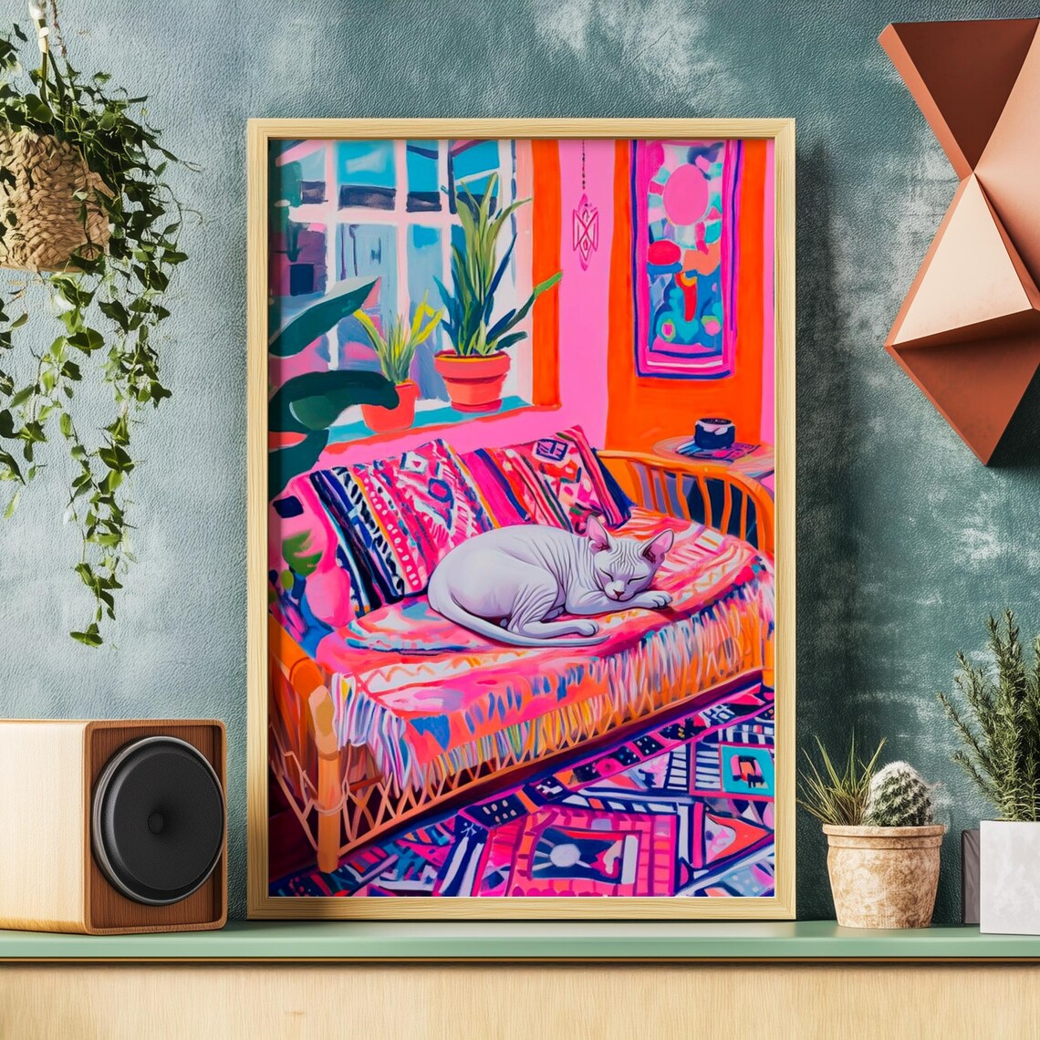 White Sphynx Cat Sleeping Curled on a Brightly Patterned Bohemian Sofa Wall Art
