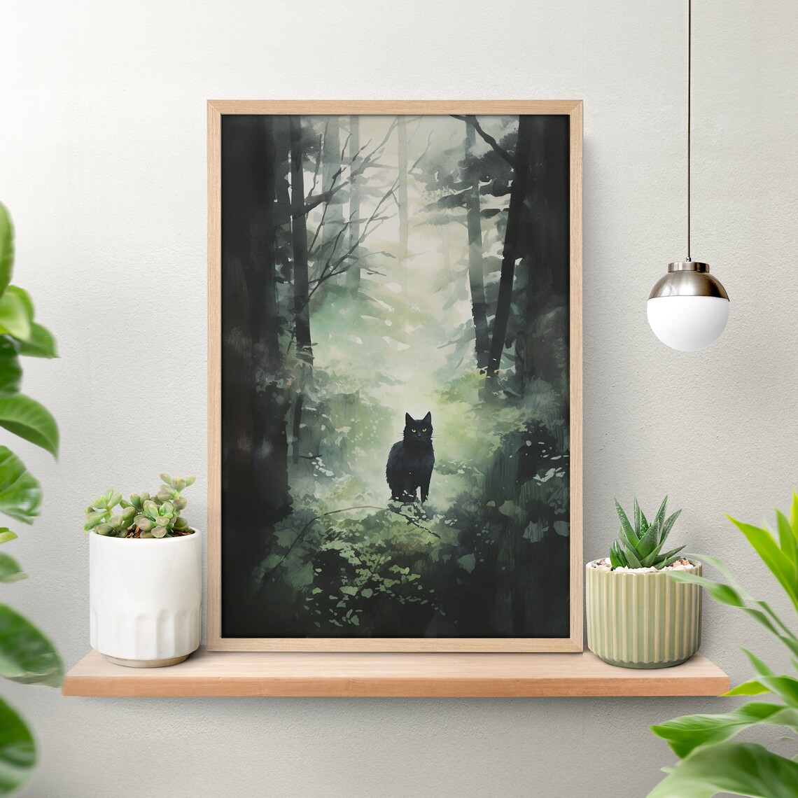 Foggy Forest Black Cat Watercolor Poster, Nature Art
