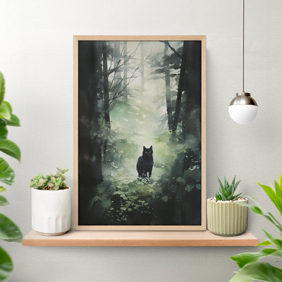 Foggy Forest Black Cat Watercolor Poster, Nature Art