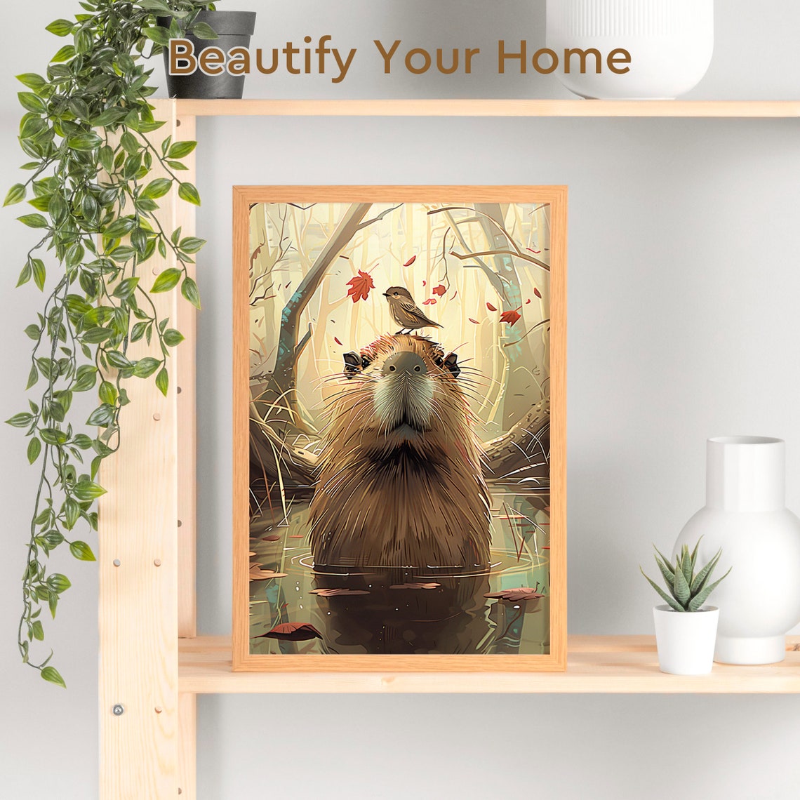 Sweet Capybara with a Little Bird Perched on Its Head Poster - Image 3