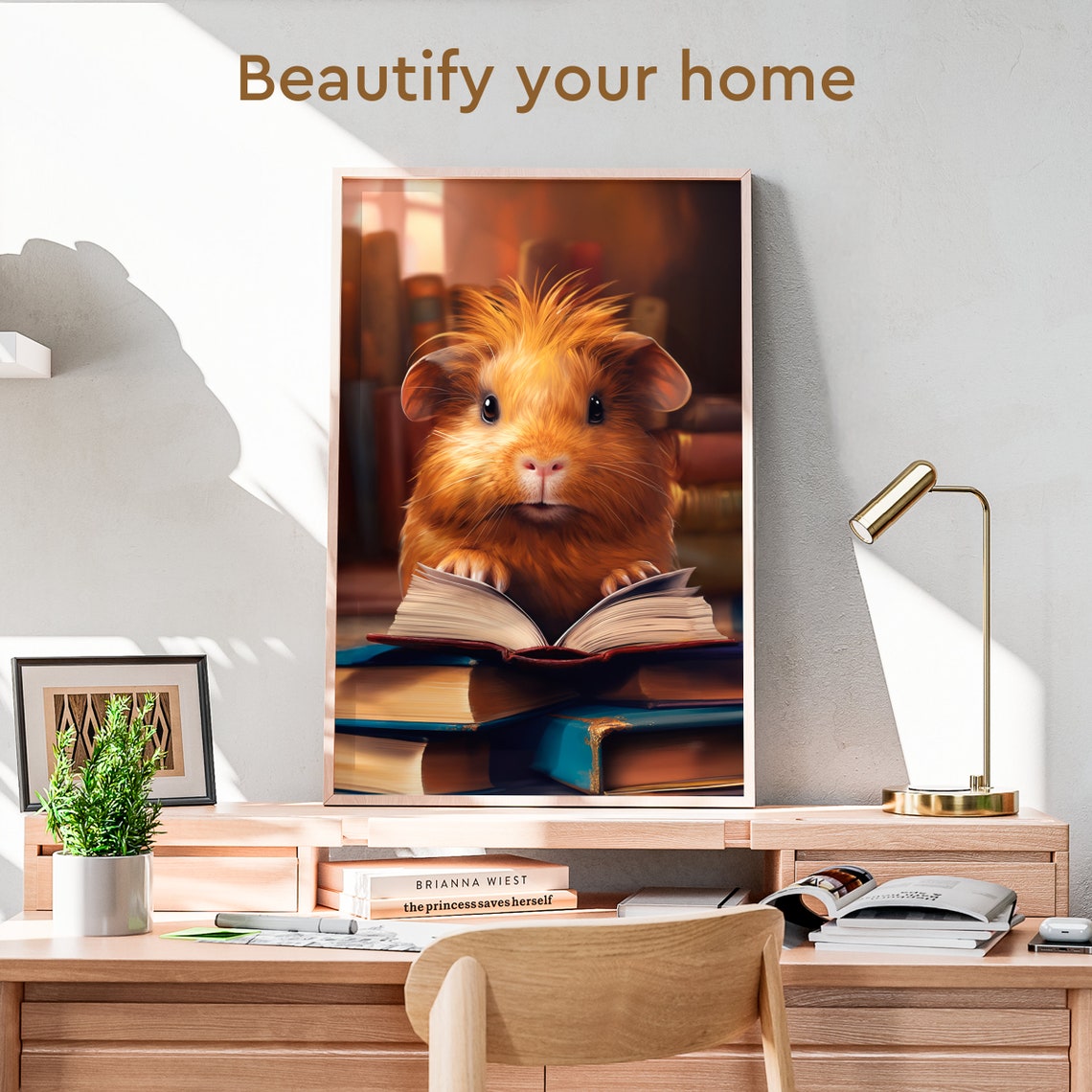 Cute Guinea Pig Reading Book in Cozy Library Funny Animal Poster - Image 3