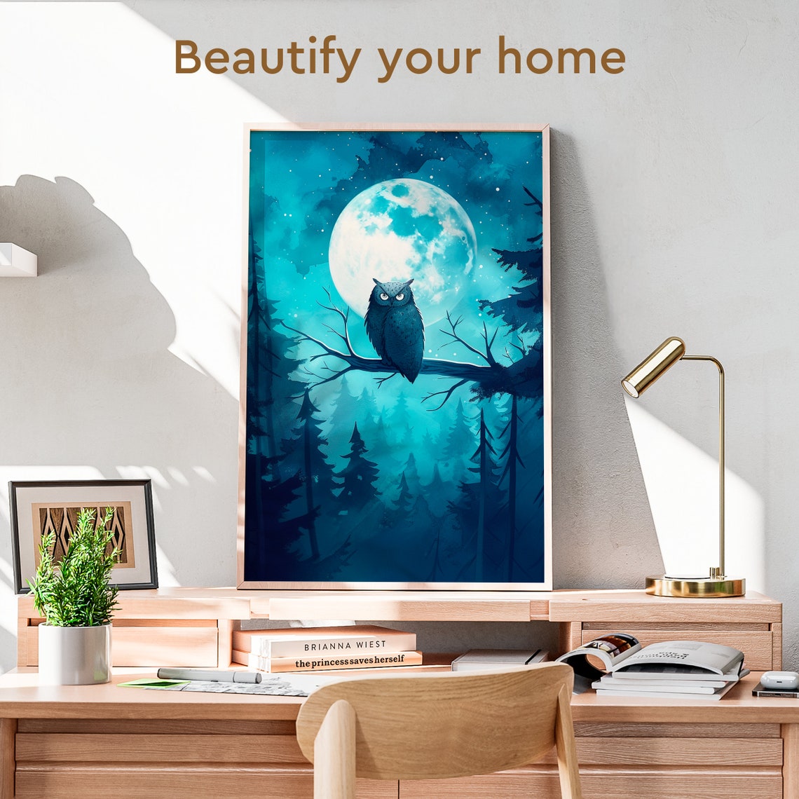 Owl Perched on a Branch Beneath the Full Moon Watercolor Poster - Image 3