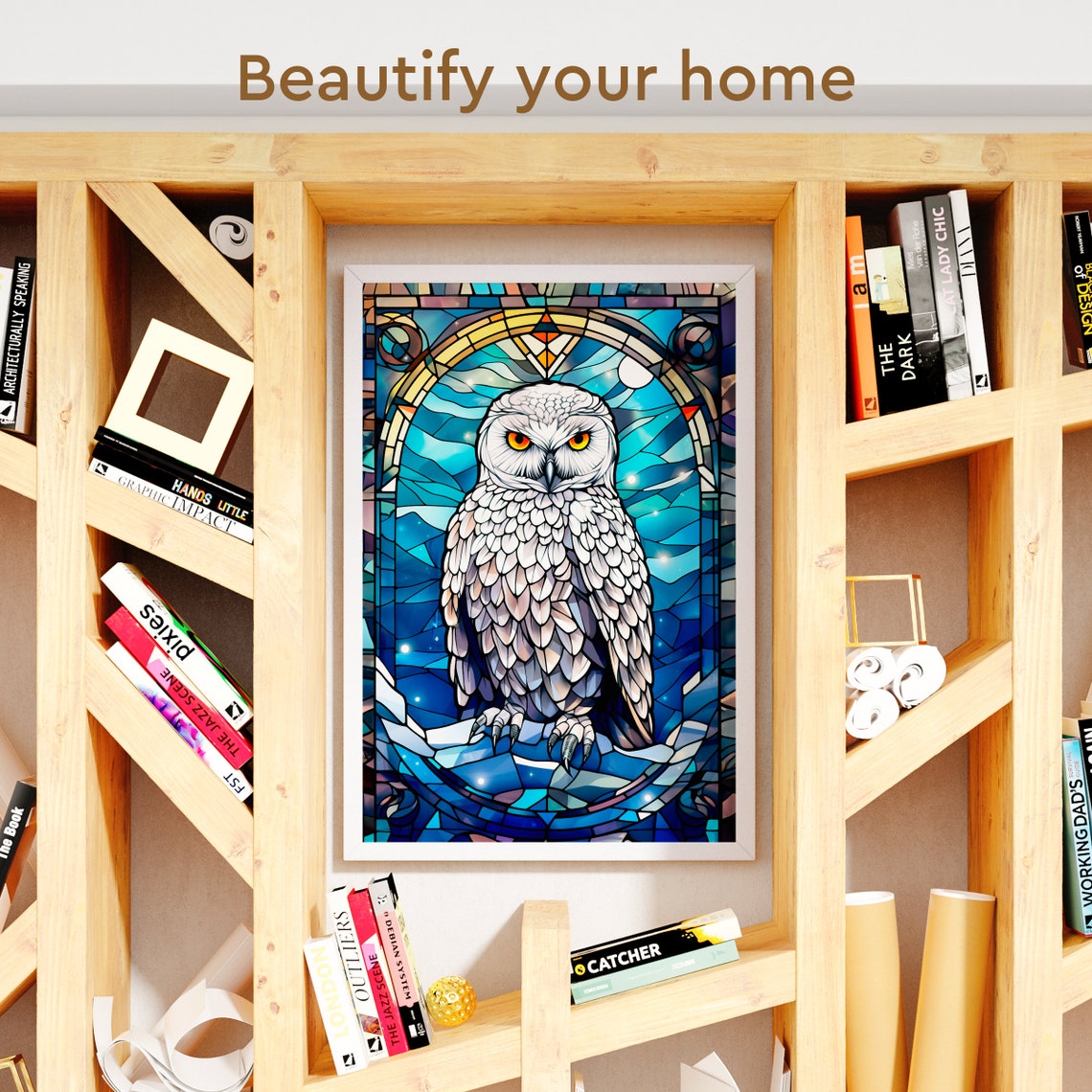 Stained Glass Snowy Owl Blue Night Gothic Window Bird Art Poster - Image 3