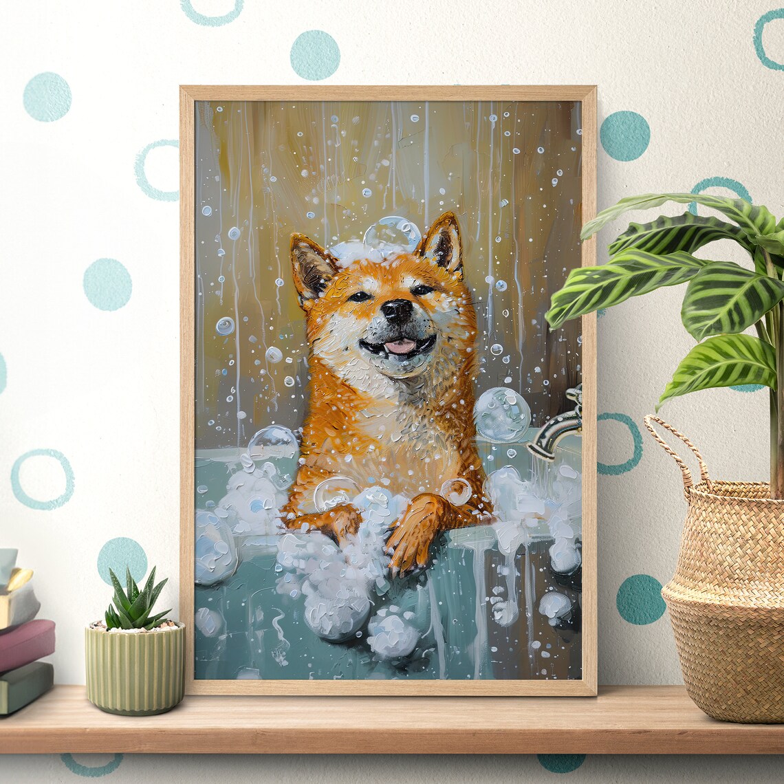 Shiba Inu Bubble Bath, Oil-Painted Poster Print for Bathroom