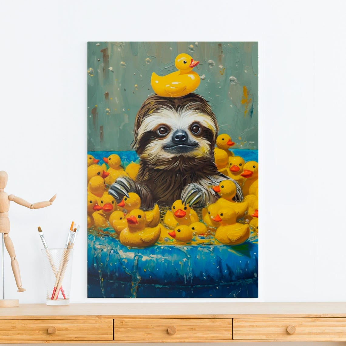 Sloth in a Blue Pool Surrounded by Yellow Rubber Ducks Poster