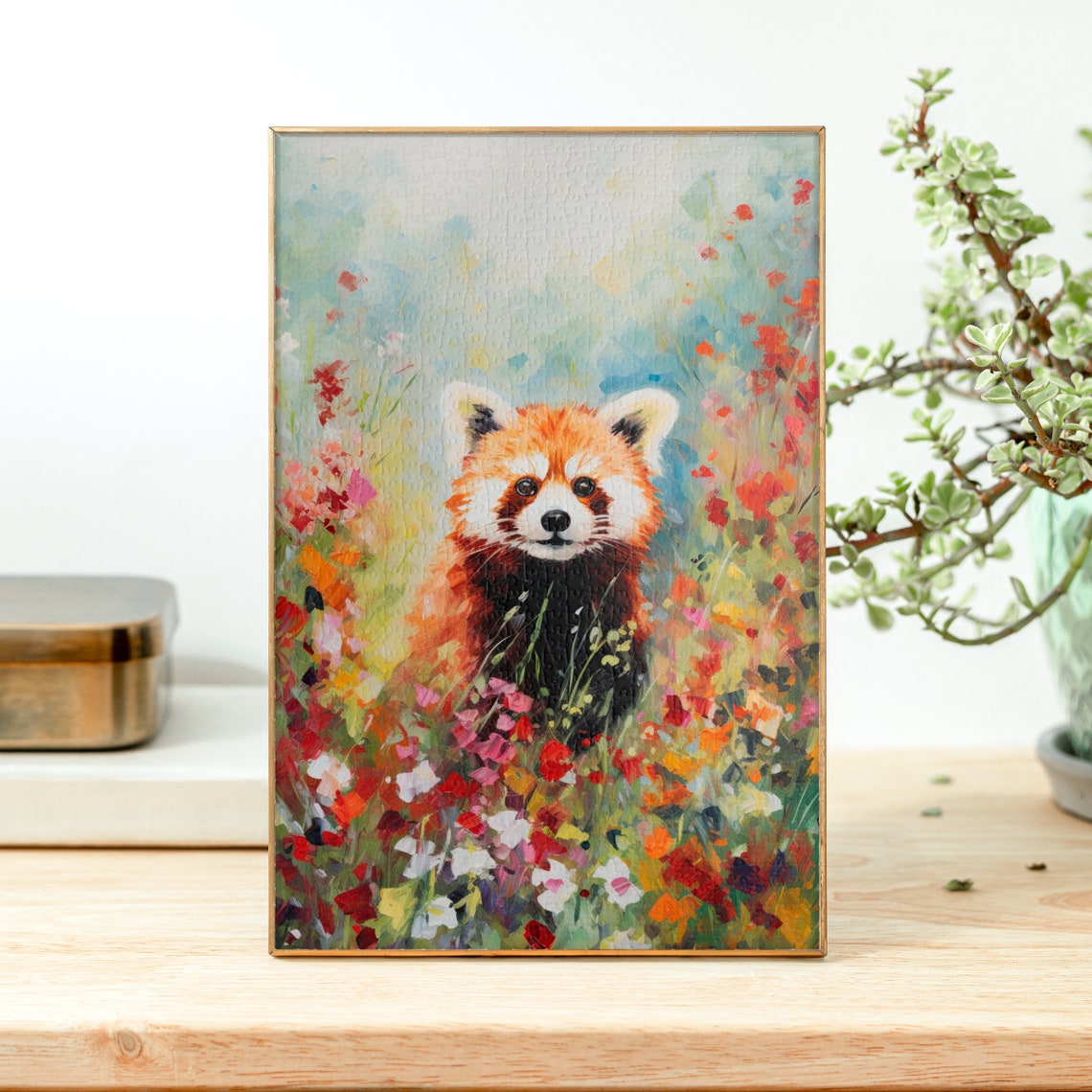Cute Red Panda Standing Among Wildflowers in Watercolor Poster