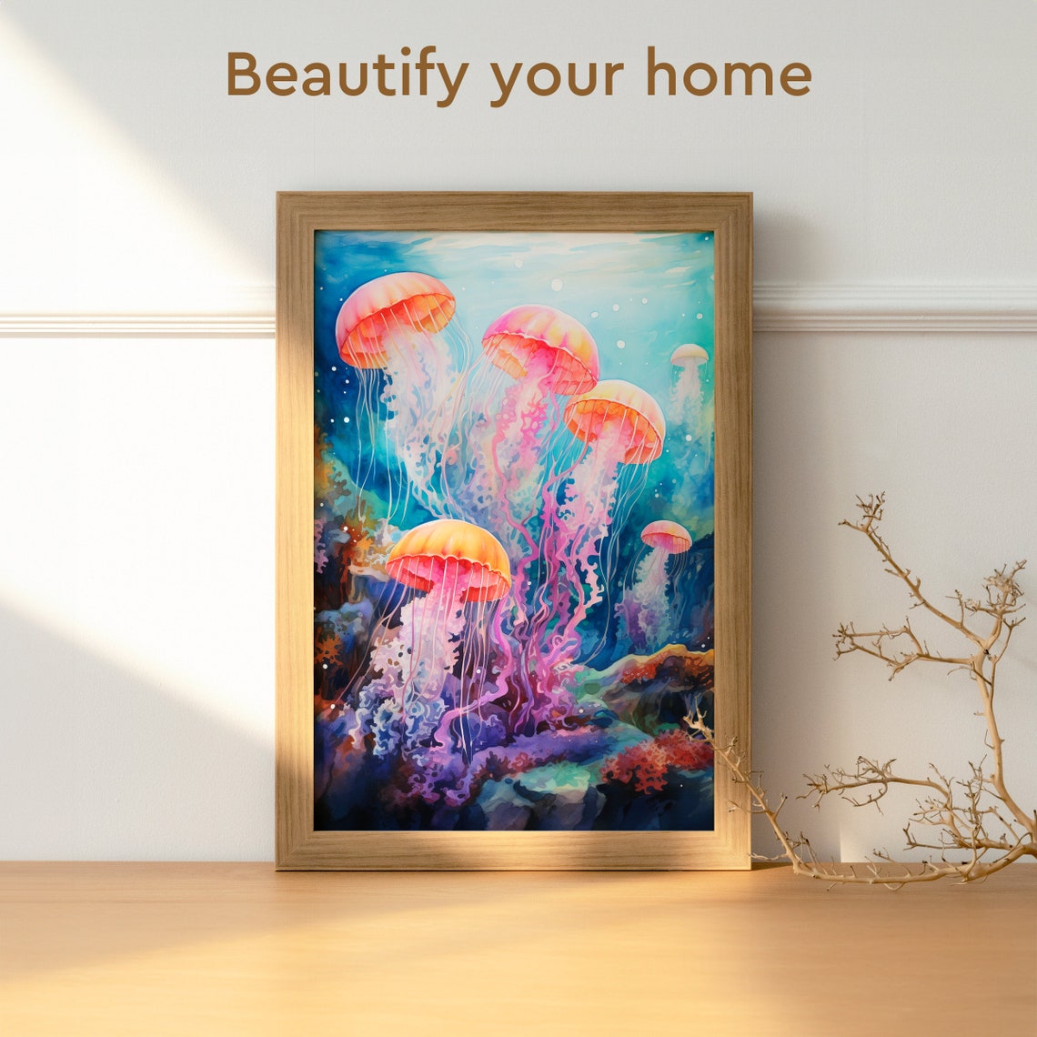 Pink Jellyfish Swarm Coral Reef Watercolor Ocean Marine Life Poster - Image 3