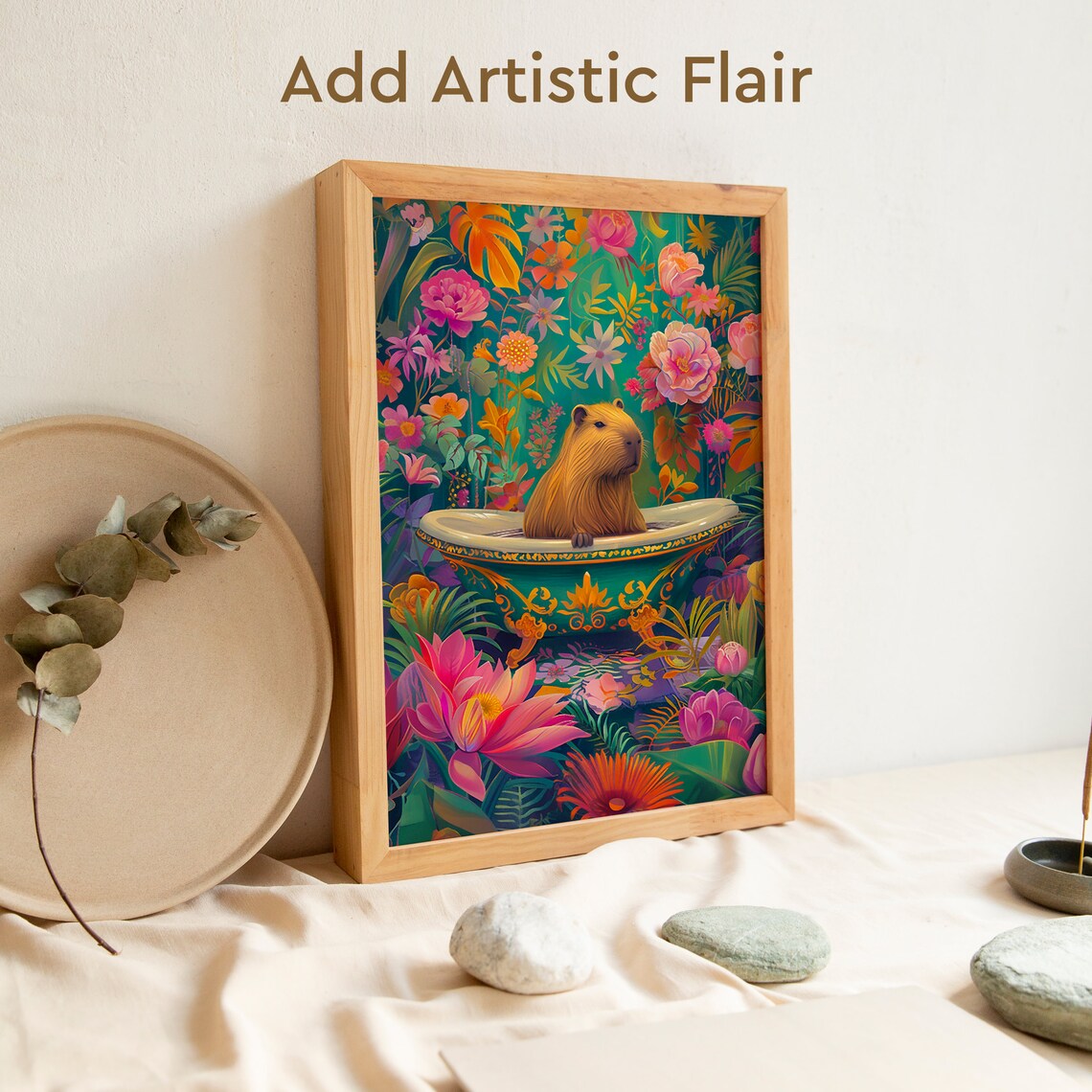 Capybara Relaxing in Bathtub Amid Vibrant Tropical Flowers Poster - Image 2