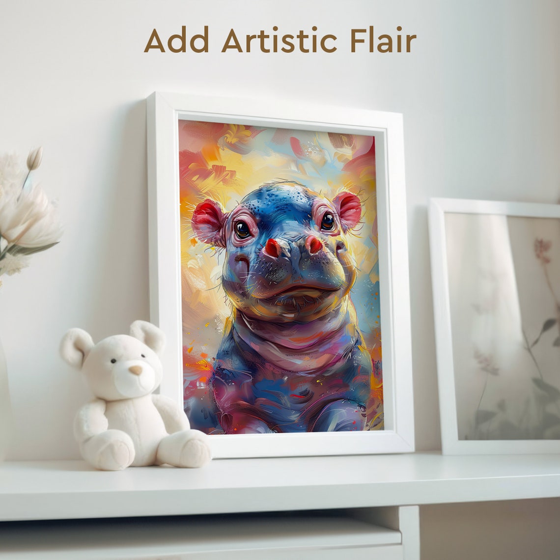 Baby Hippopotamus in a Colorful Oil Painting Portrait Poster - Image 2