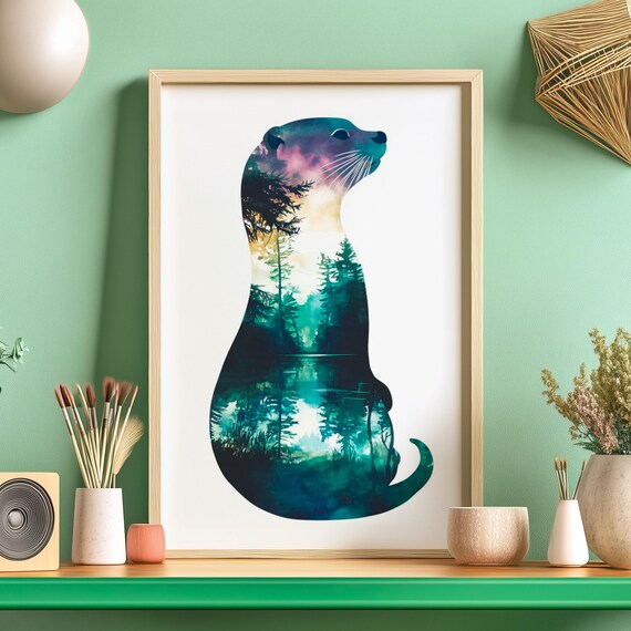Otter Silhouette Filled With A Forest River Landscape Poster