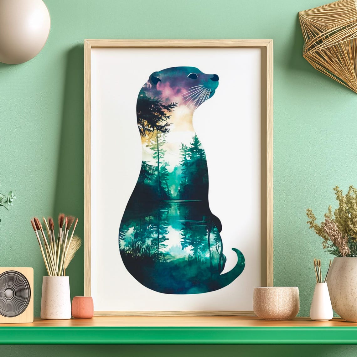 Otter Silhouette Filled With A Forest River Landscape Poster