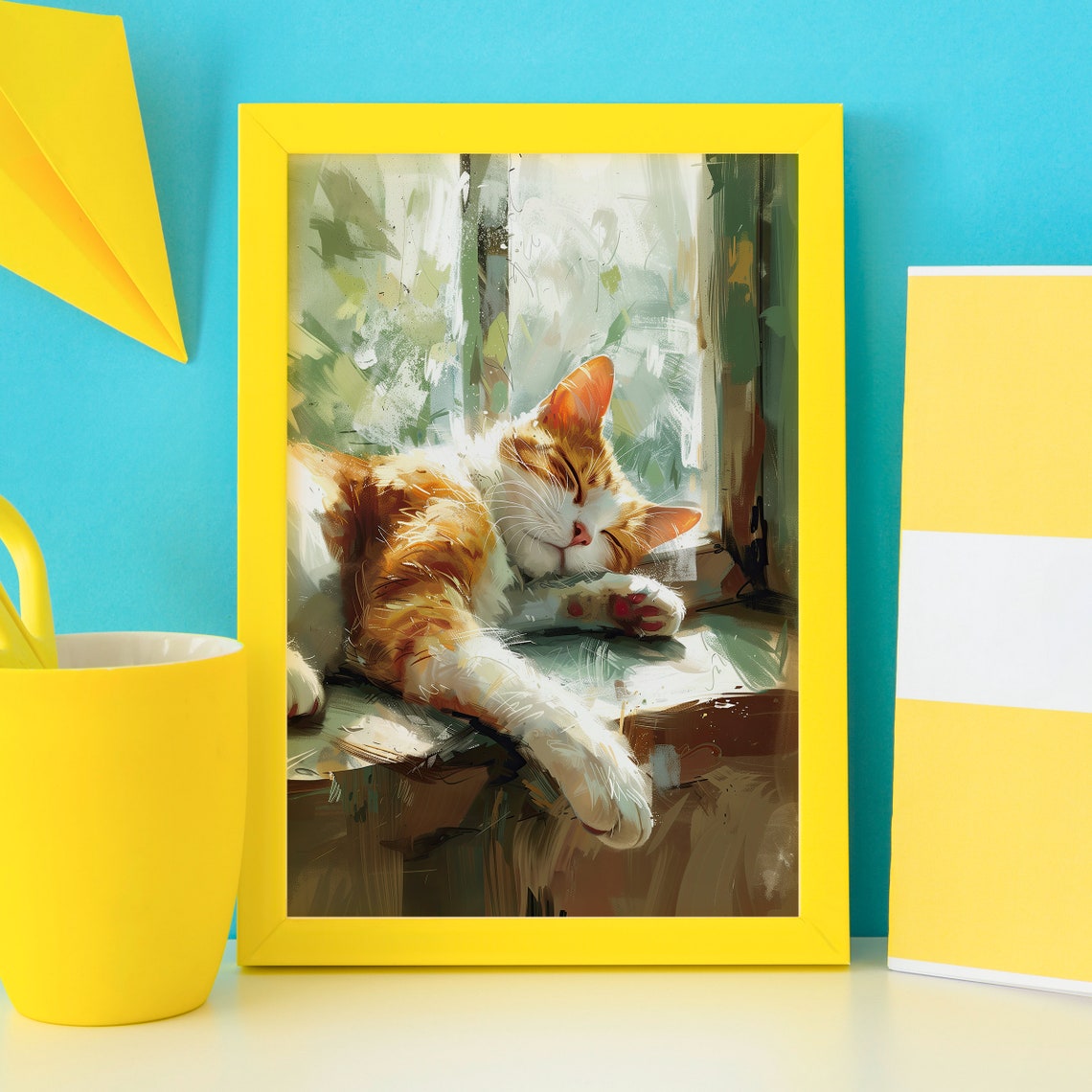 Orange Cat Sleeping on Sunny Windowsill Cozy Oil Painting Poster