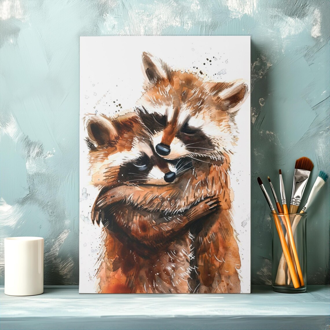 Adorable Raccoon Couple Hugging Tenderly In Watercolor Style Poster