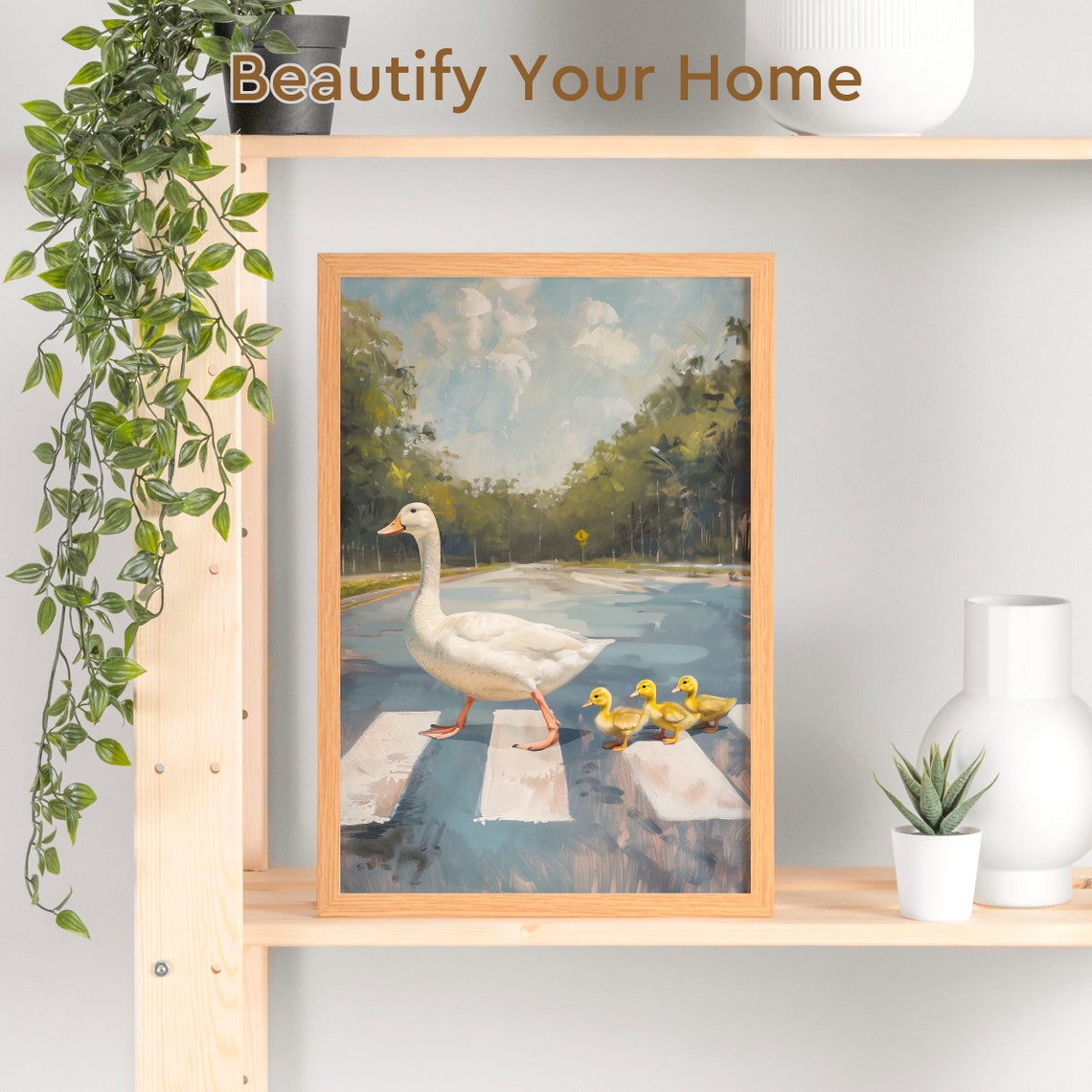 White Duck Leading Her Ducklings Across a Country Road Poster - Image 3