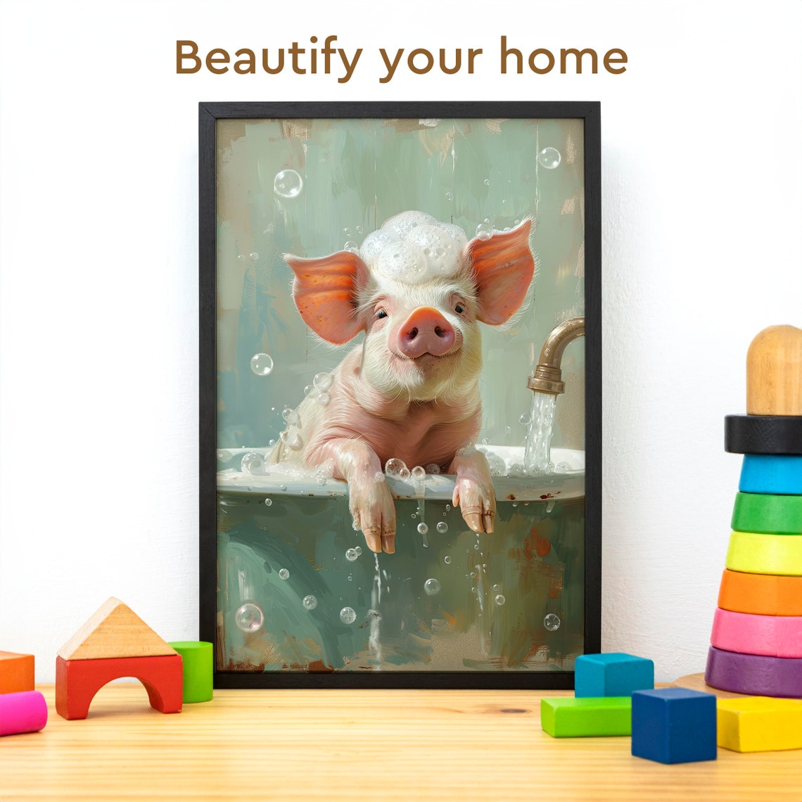 Baby Piglet Enjoying a Bubble Bath in a Bathtub Painting Poster - Image 3