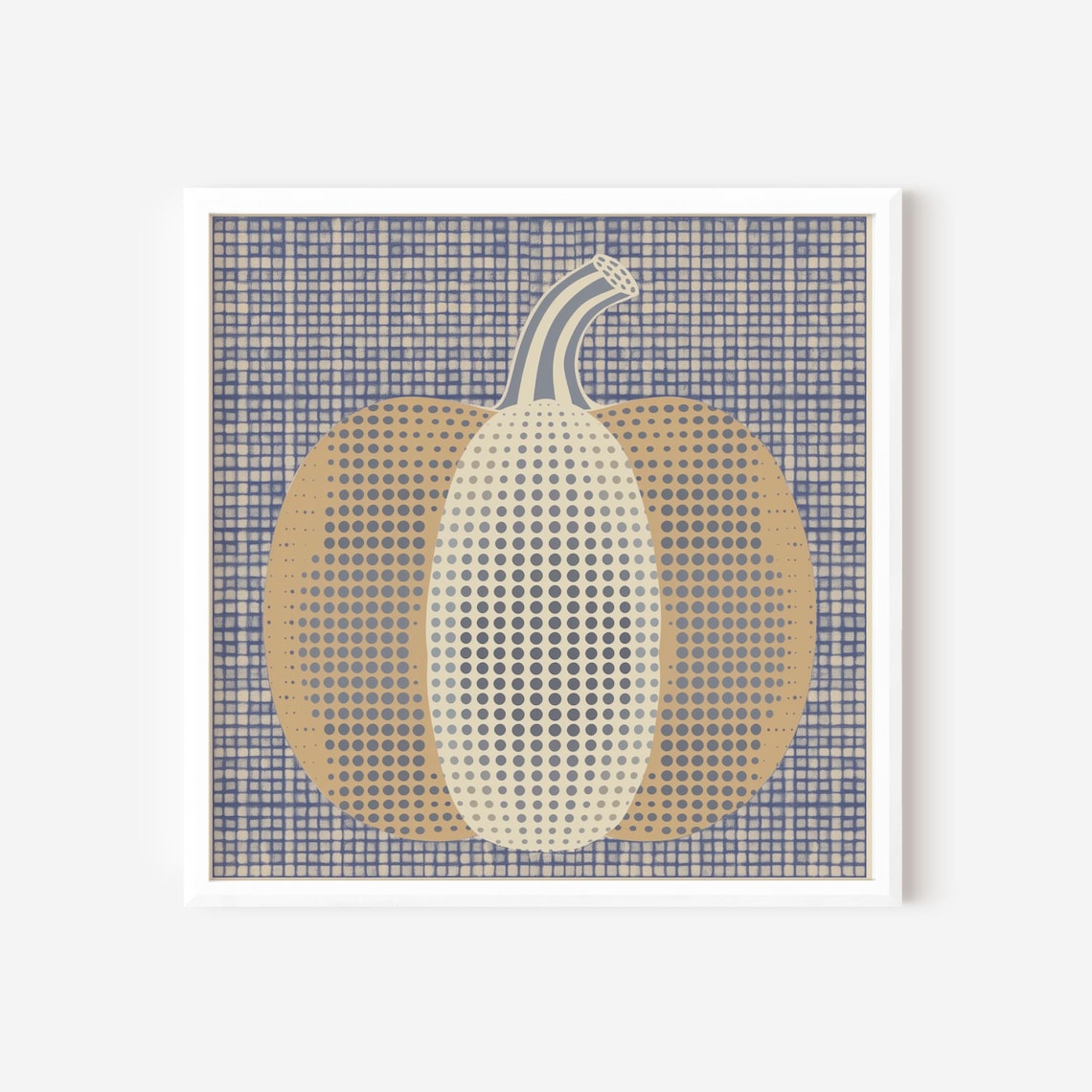 Preppy Geometric Pumpkin Modern Fall Wall Art Blue Checkered Dotted Print
