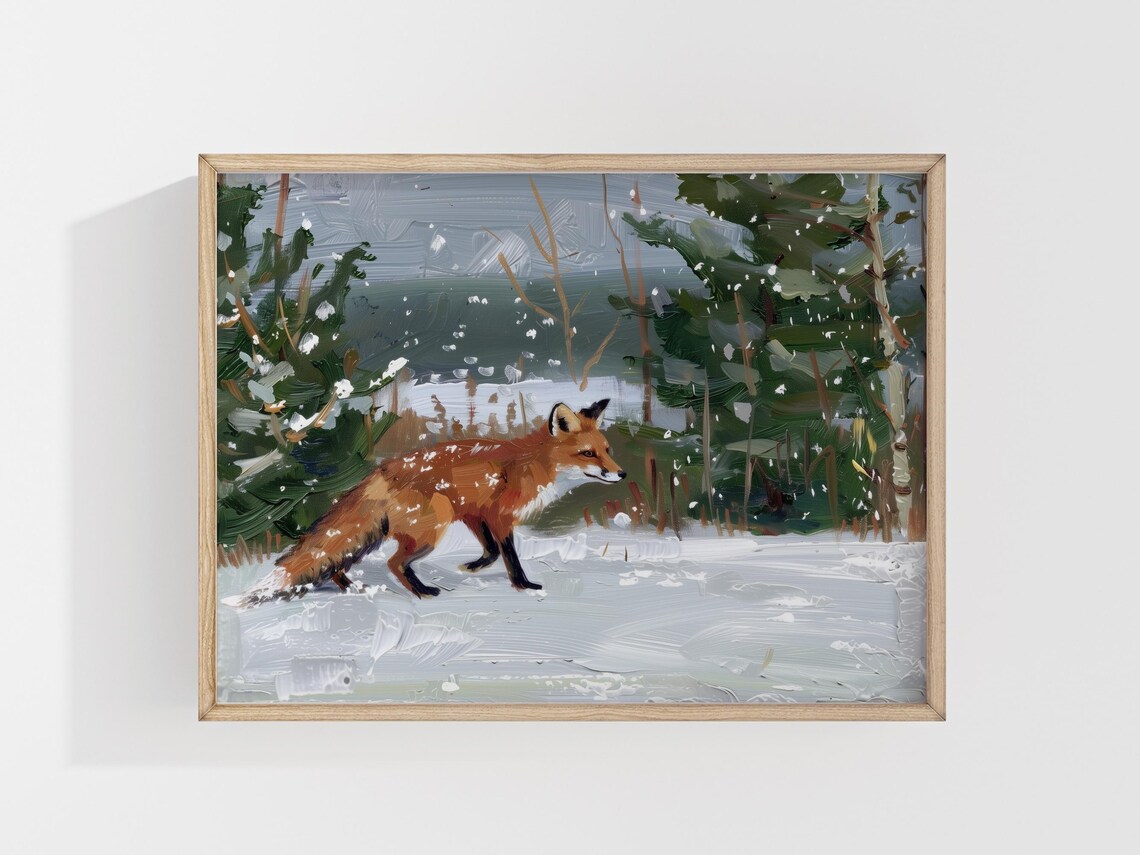 Red Fox In Snow Winter Woodland Landscape Painting Wall Art Print