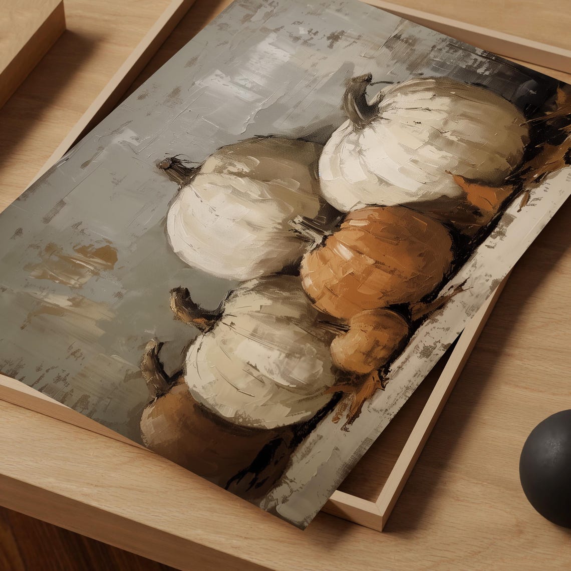 White Pumpkins Still Life Rustic Fall Oil Painting Vintage Art Print - Image 2
