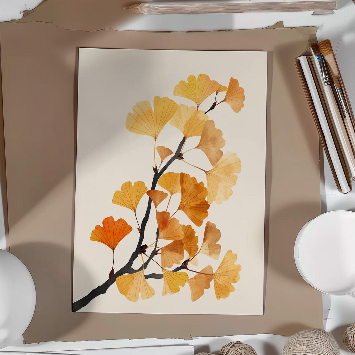 Golden Ginkgo Leaves Branch Minimalist Botanical Warm Fall Wall Poster - Image 2