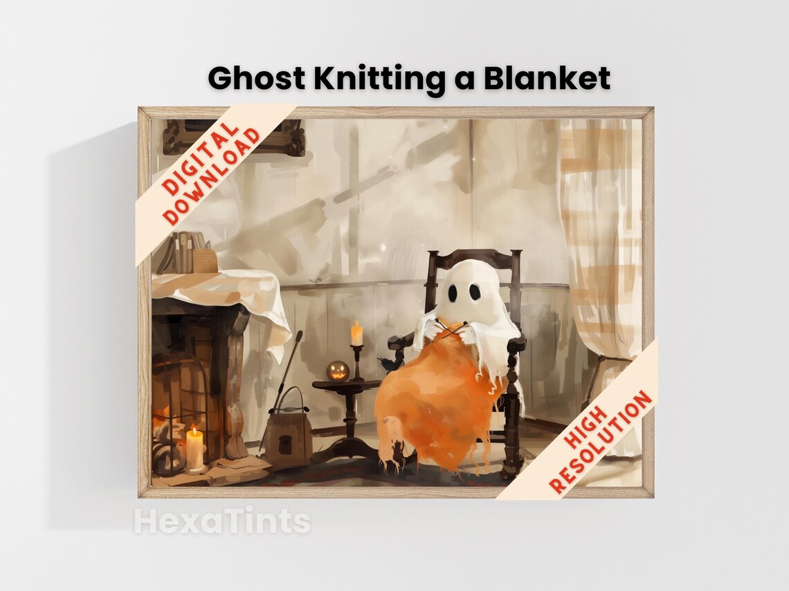 Cute Ghost Knitting Blanket Whimsical Halloween Autumn Wall Art Print - Image 4