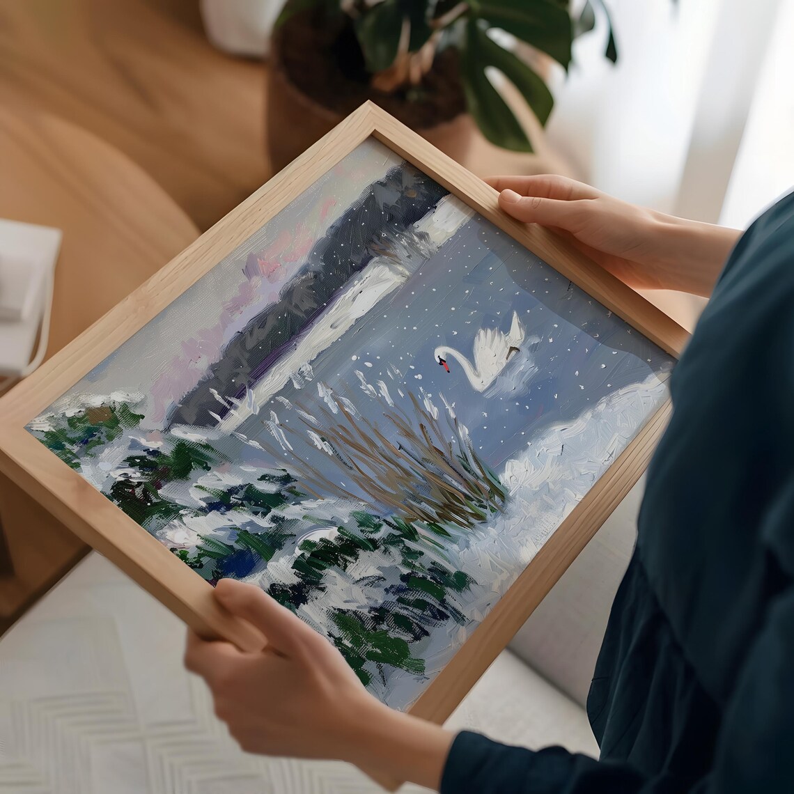 Winter Landscape Painting, Swan In A Lake - Image 4