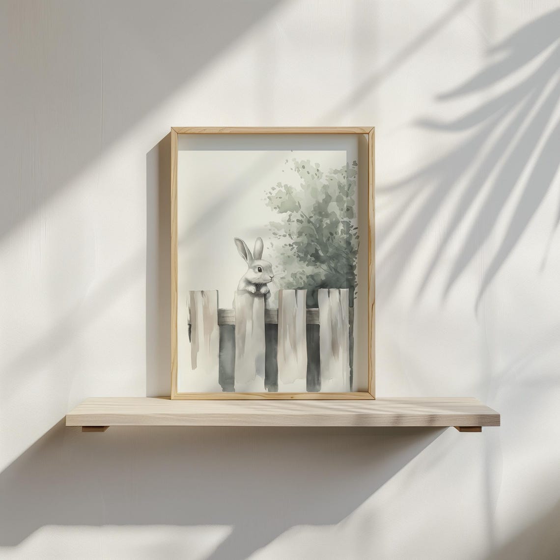 Bunny Peeking Over Picket Fence Watercolor Neutral Nursery Art Print - Image 3