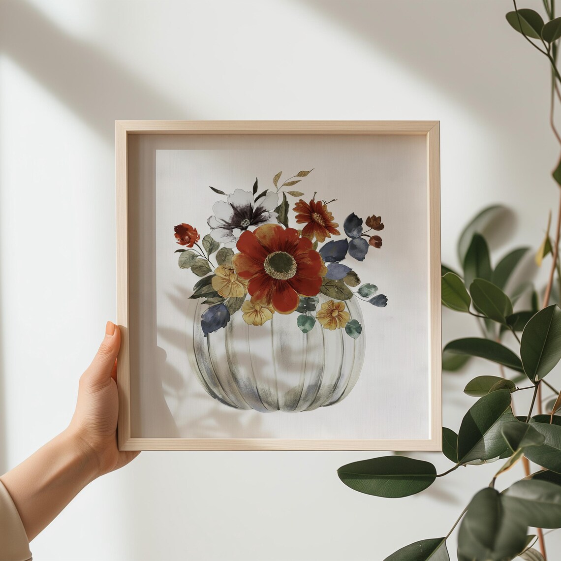White Pumpkin Bouquet Fall Florals Watercolor Print Autumn Seasonal Wall Decor - Image 3