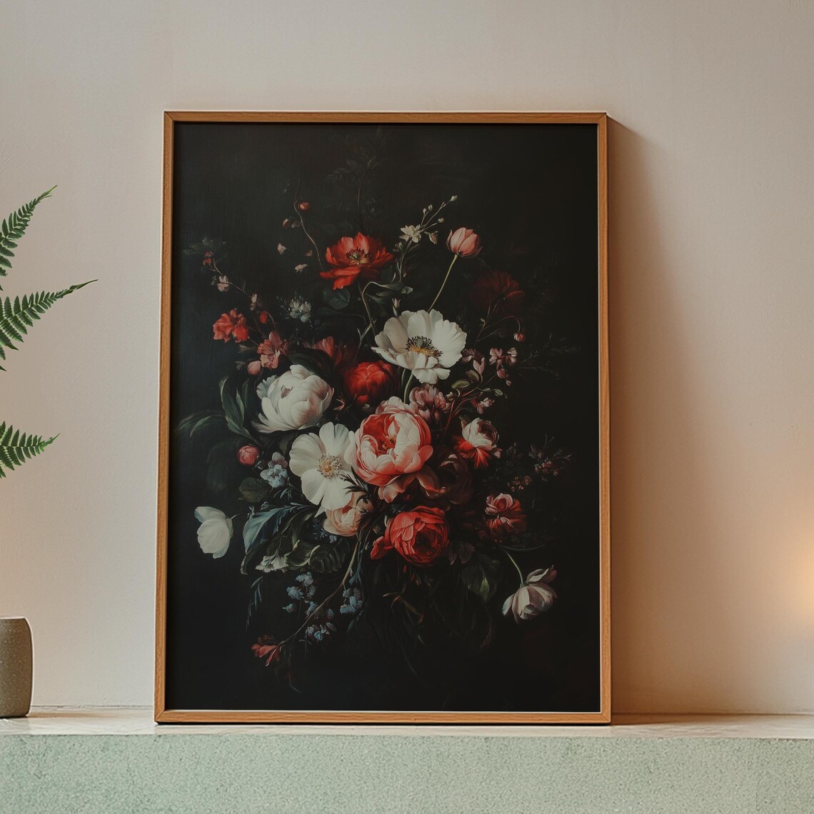 Dark Moody Peonies Bouquet Floral Still Life Oil Painting Poster - Image 2
