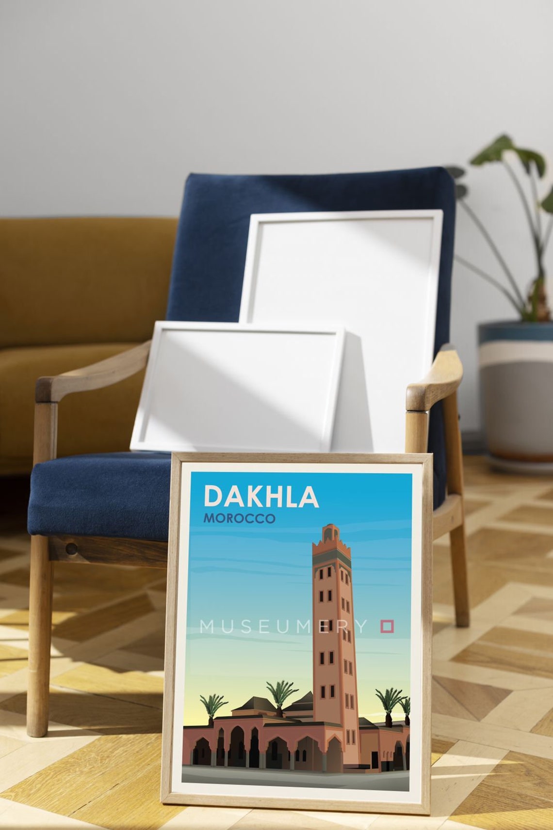 Dakhla Morocco Mosque Minaret with Palm Trees Vintage Travel Poster - Image 2