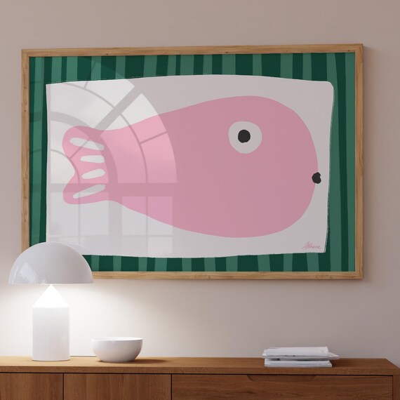 Funky Pink Fish Doodle Mid Century Playful Kids Room Colorful Art Poster