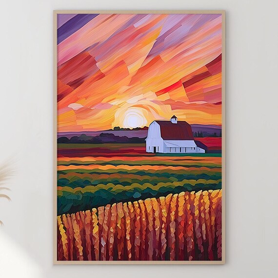 White Barn Sunset Art Print Colorful Farm Landscape Framedunframed Canvas Or Poster 109