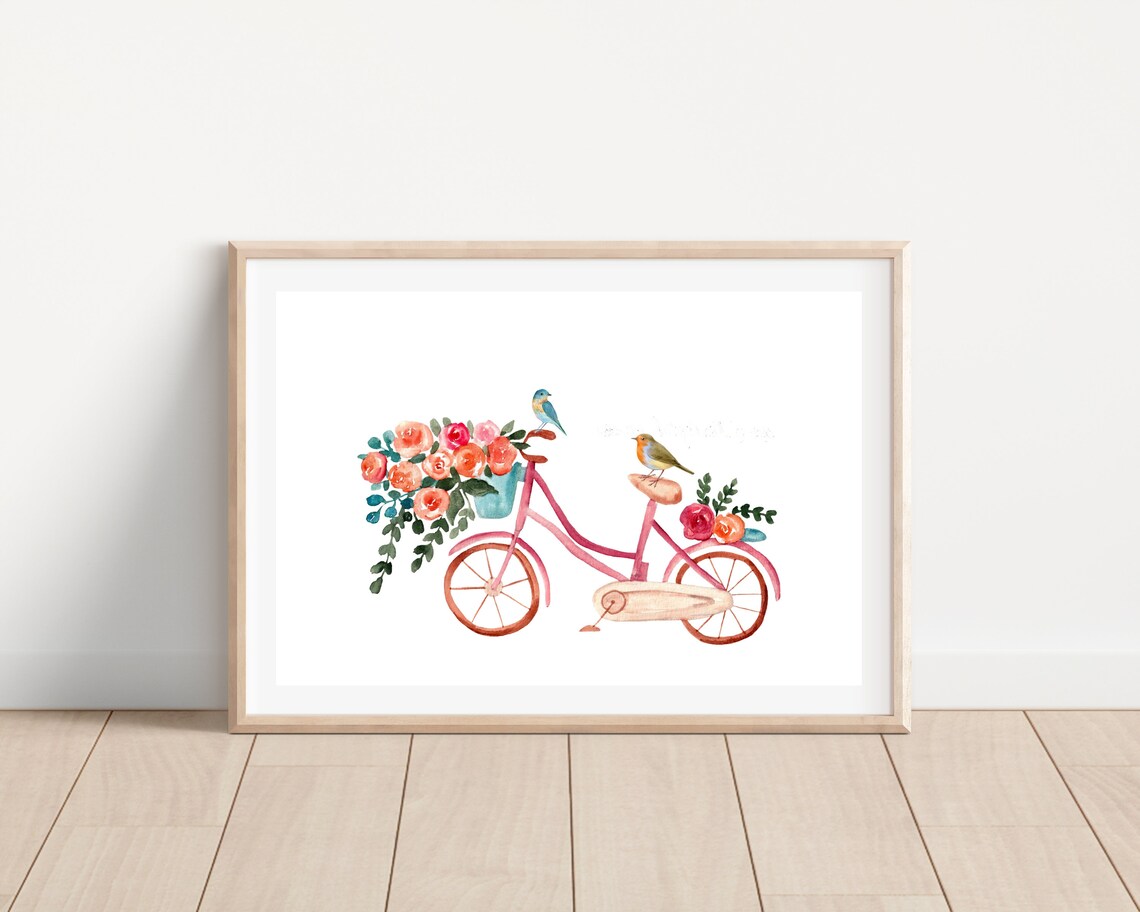 Watercolor Bike With Flowers and Bird Art Print