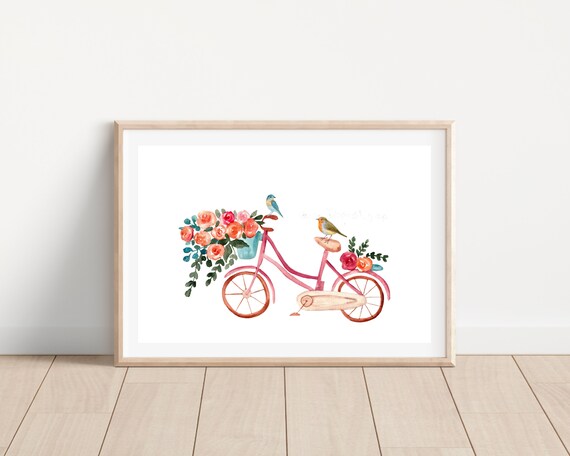 Watercolor Bike With Flowers and Bird Art Print