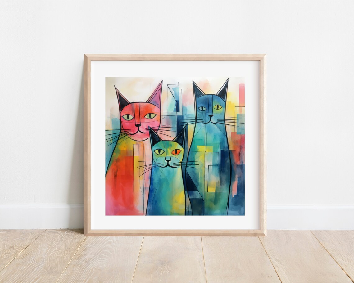 Three Abstract Colorful Cats Watercolor Painting Modern Pet Decor Print