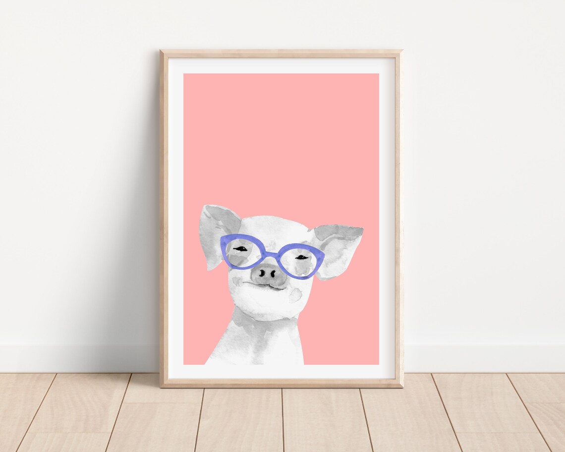 Pig With Glasses Funny Farm Animal Nursery Art Print