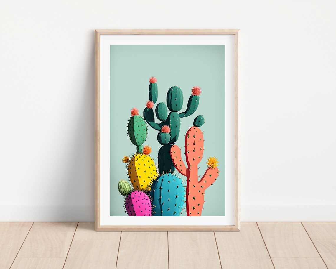 Cactus and Flower Minimalist Art Print, Boho Botanical