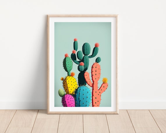 Cactus and Flower Minimalist Art Print, Boho Botanical