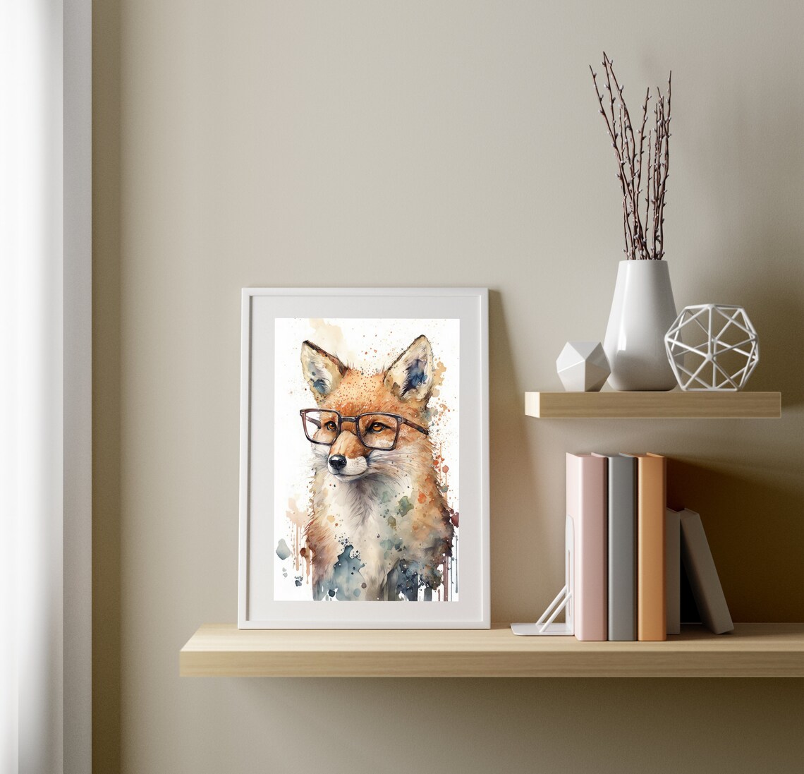 Watercolor Fox Wearing Black Glasses Funny Animal Nursery Portrait Print - Image 3