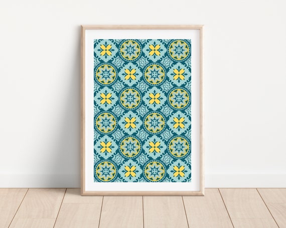 Green Tile Print, Mediterranean Boho Kitchen Art Print