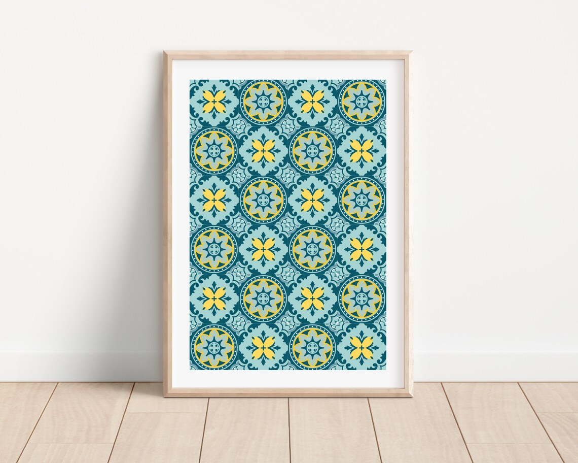 Green Tile Print, Mediterranean Boho Kitchen Art Print