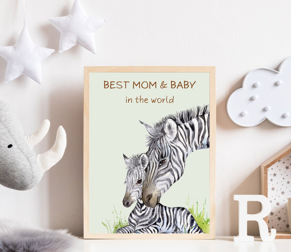 Best Mom And Baby Zebra Safari Watercolor Nursery Quote Decor Poster - Image 2