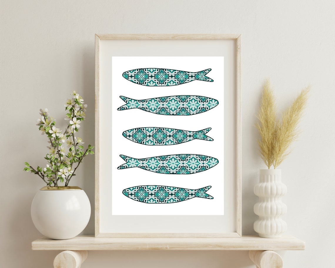 Portuguese Green Sardine Azulejo Art Print - Image 3