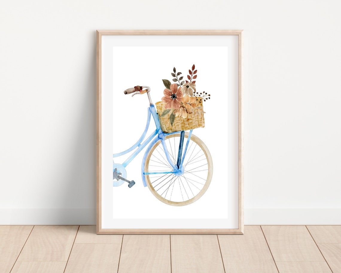 Watercolor Bicycle With Flowers, Botanical Art Print