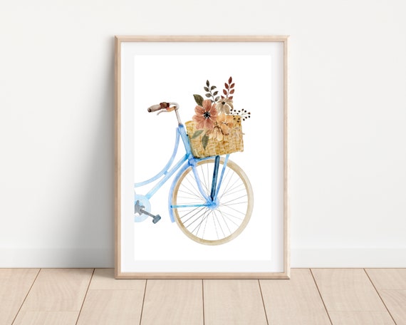 Watercolor Bicycle With Flowers, Botanical Art Print